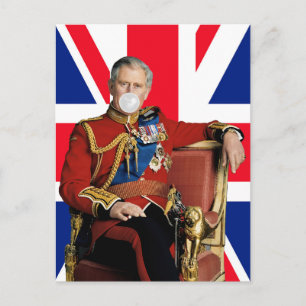 Postal Rey Carlos soplando chicle blanco bandera británic