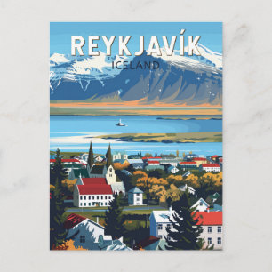 Postal Reykjavík Arte de viaje vintage Islandia
