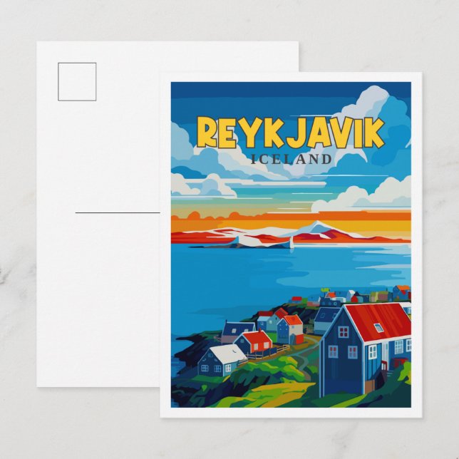 Postal Reykjavik ilustracion de viaje vintage de Islandia (Anverso / Reverso)