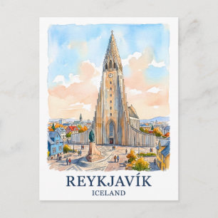 Postal Reykjavik Islandia Iglesia Acuarela Silueta Viaje
