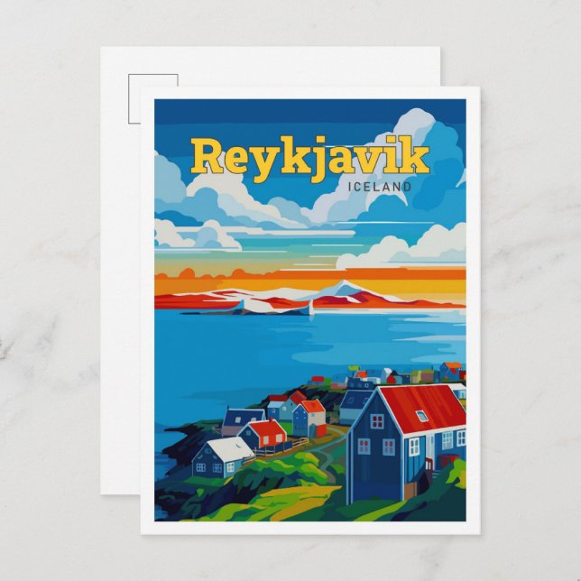 Postal Reykjavik Islandia Ilustracion de viajes de arte v (Anverso / Reverso)