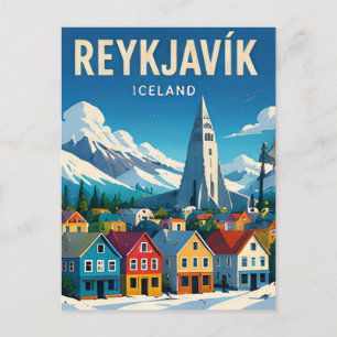 Postal Reykjavik Islandia Paisaje Urbano de las Luces del