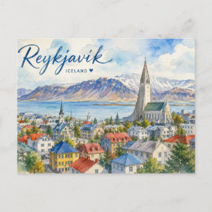 Postal Reykjavik Islandia recuerdo acuarela 