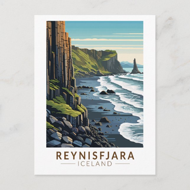 Postal Reynisfjara Beach Islandia Viaje de arte Vintage (Anverso)