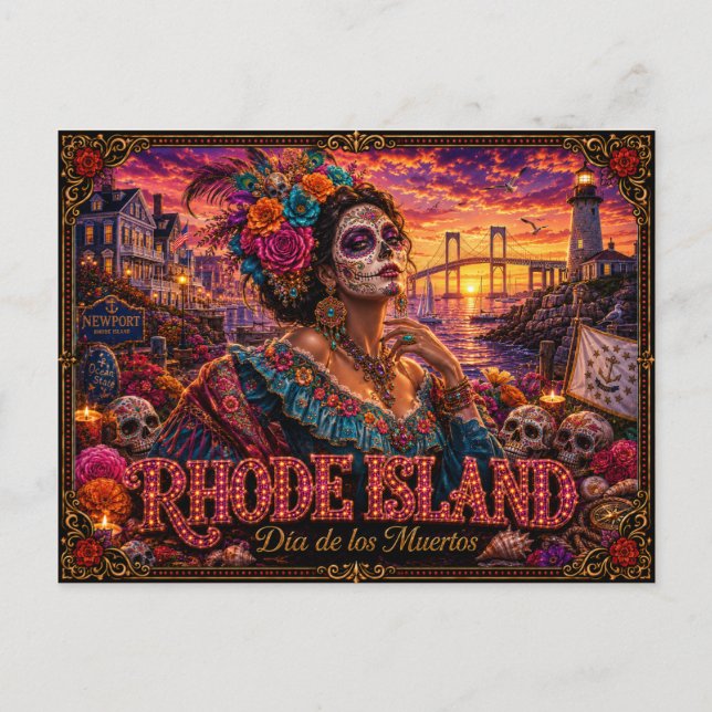 Postal Rhode Island Día de los Muertos Retro (Anverso)