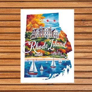 Postal Rhode Island USA Estado con forma de Watercolor Vi