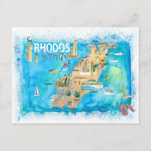 Postal Rhodes Grecia Ilustró mapa con puntos de referenci