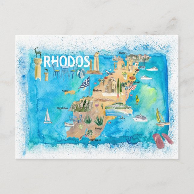 Postal Rhodes Grecia Ilustró mapa con puntos de referenci (Anverso)