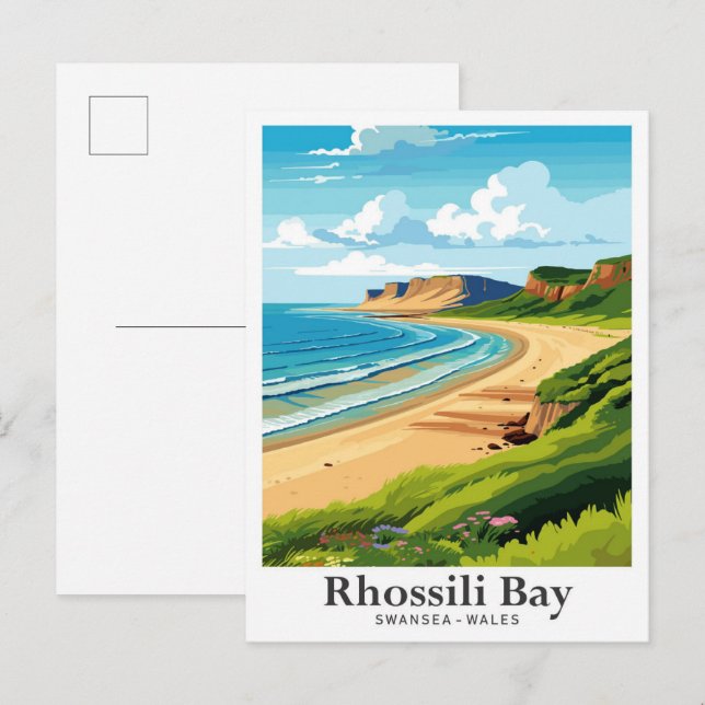 Postal Rhossili Swansea Wales Ilustracion de Viajes Vinta (Anverso / Reverso)