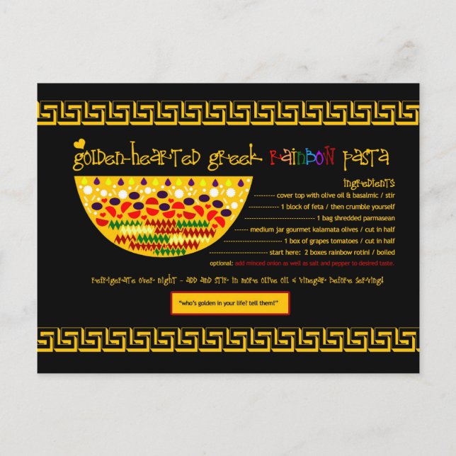 Postal Ricas recetas - PASTA GRIEGA CON CORAZÓN DE ORO (Anverso)