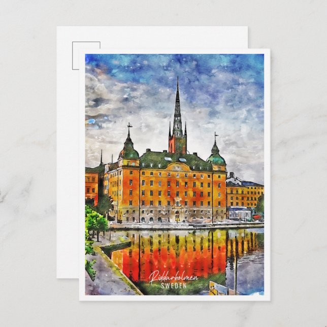 Postal Riddarholmen Suecia vintage acuarela (Anverso / Reverso)