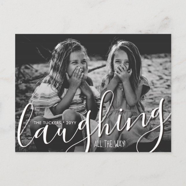 Postal Riendo todo el camino Feliz Navidad Foto Roja (Anverso)