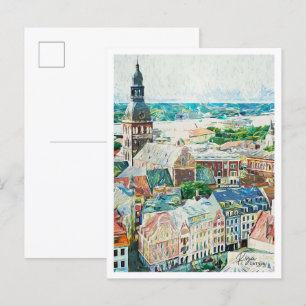 Postal Riga Latvia hermosa ciudad de pintura de petróleo