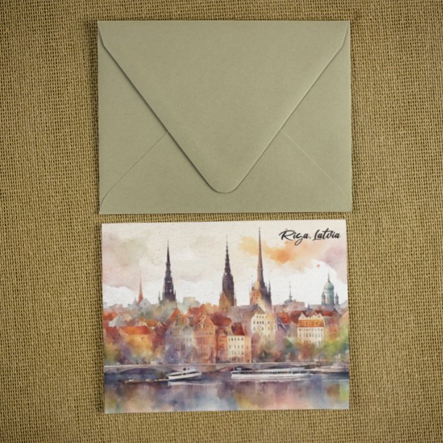 Postal Riga, Letonia Watercolor City View (colorful riga latvia postcard)