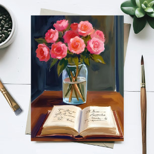 Postal Rincón de Lectura Bouquet Floral de Rosa Rosa Acua