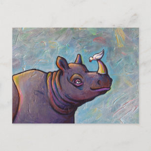 Postal Rinoceronte arte pequeño pájaro chisme diversión p