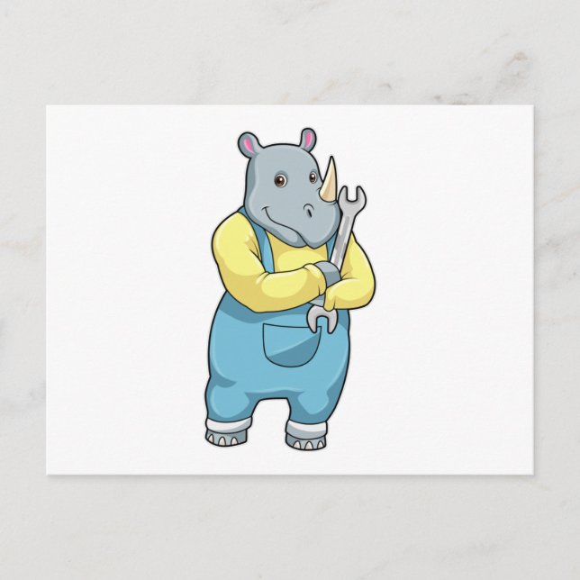 Postal Rinoceronte como mecánico con llave inglesa (Anverso)