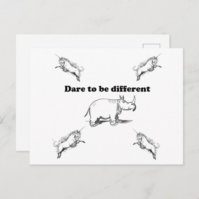 Postal Rinocerontes entre los unicornios se atreven a ser (Anverso / Reverso)