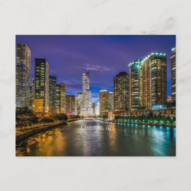 Postal Río Chicago al atardecer, etiquetado, (Anverso)