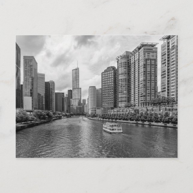 Postal Río Chicago Y Escala De Grises De La Torre Trump (Anverso)