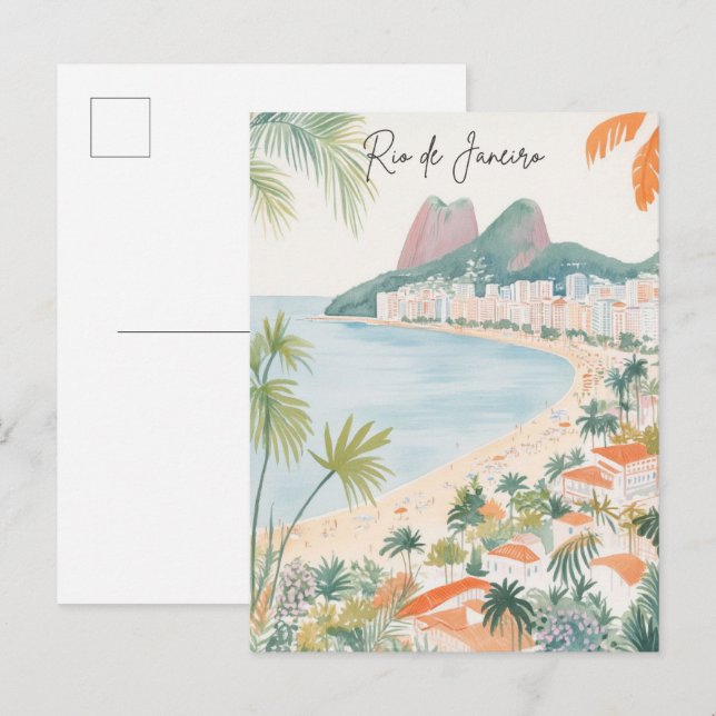 Postal Río de Janeiro Brasil Gouache Ilustracion Viajes (Anverso / Reverso)