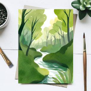 Postal Río de Verde Pintura en Acuarela del Bosque