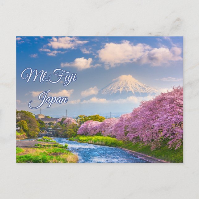 Postal Río Fuji Japón, primavera floreciente del cerezo (Anverso)