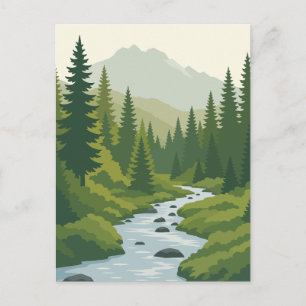 Postal Río Sereno del Bosque y Montaña Lejana Vector Ar