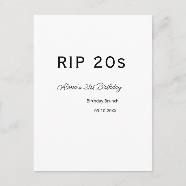 Postal RIP 20s cumpleaños 21 simple cita brunch minimalis (Anverso)