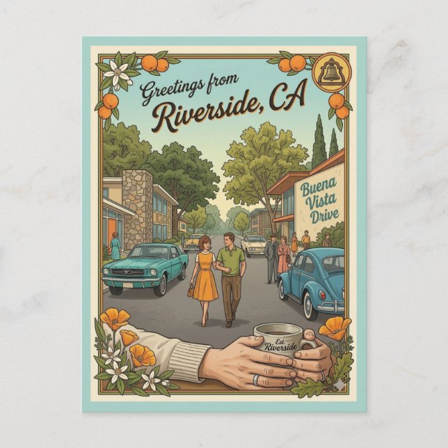 Postal Riverside CA Buena Vista Drive estilo años 60 (Anverso)
