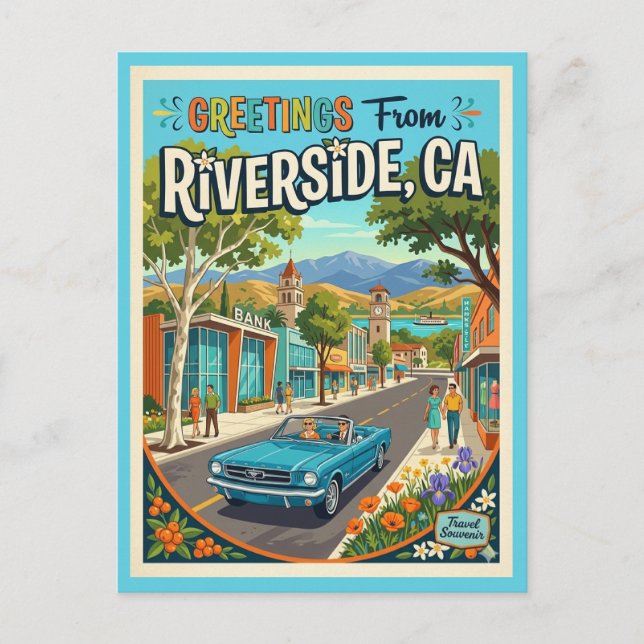 Postal Riverside California Saludos Estilo Retro (Anverso)