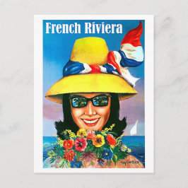 Postal Riviera francesa, mujer con gafas de sol y sombrer