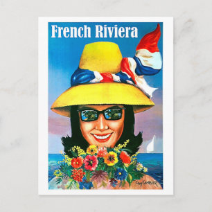 Postal Riviera francesa, mujer con gafas de sol y sombrer