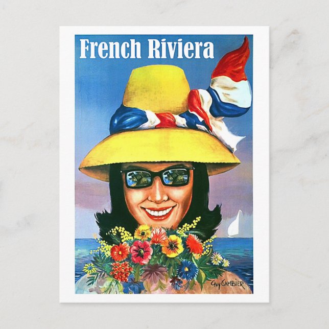 Postal Riviera francesa, mujer con gafas de sol y sombrer (Anverso)