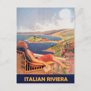 Postal Riviera italiana, mujer en la terraza de un hotel,