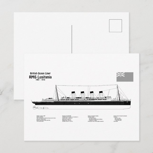 Postal RMS Lusitania - Planes de trazado del buque BD (Anverso / Reverso)