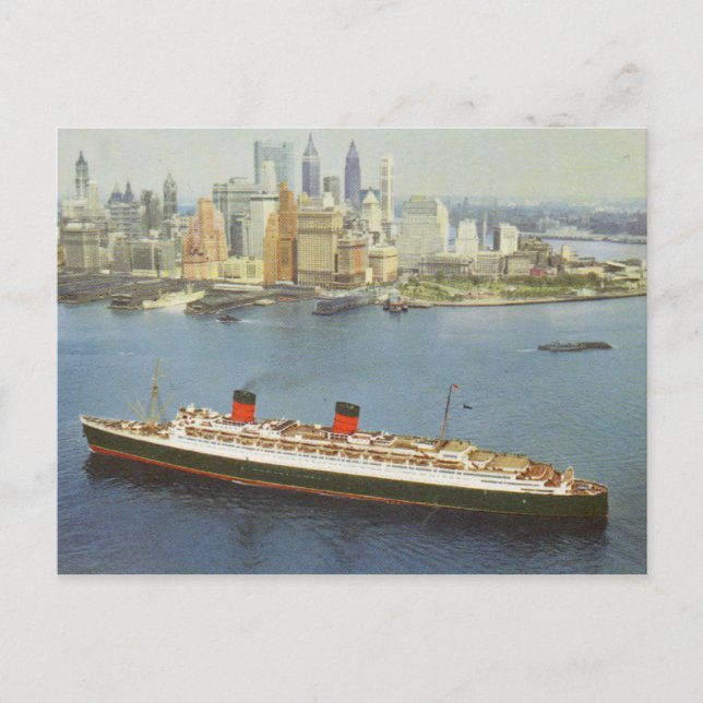 Postal RMS Queen Elizabeth navegando por el puerto de Nue (Anverso)