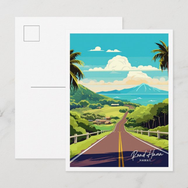 Postal Road Hana Hawaii Viaje ilustracion Vintage (Anverso / Reverso)