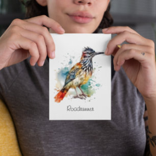 Postal Roadrunner en acuarela vibrante