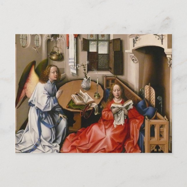 Postal Robert Campin- El retablo de Mérode -Anunciación (Anverso)