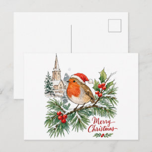 Postal Robin de Navidad con acebo y nieve en acuarela