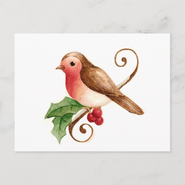 Postal Robin de pecho rojo con Holly (Anverso)