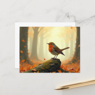 Postal Robin en el bosque otoñal/otoñal, las hojas caen