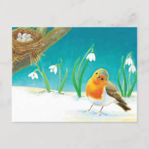 Postal Robin rojo y Ilustracion de Snowdrop Primavera tem