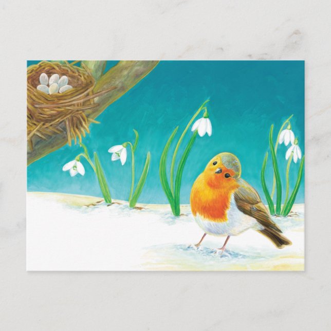 Postal Robin rojo y Ilustracion de Snowdrop Primavera tem (Anverso)
