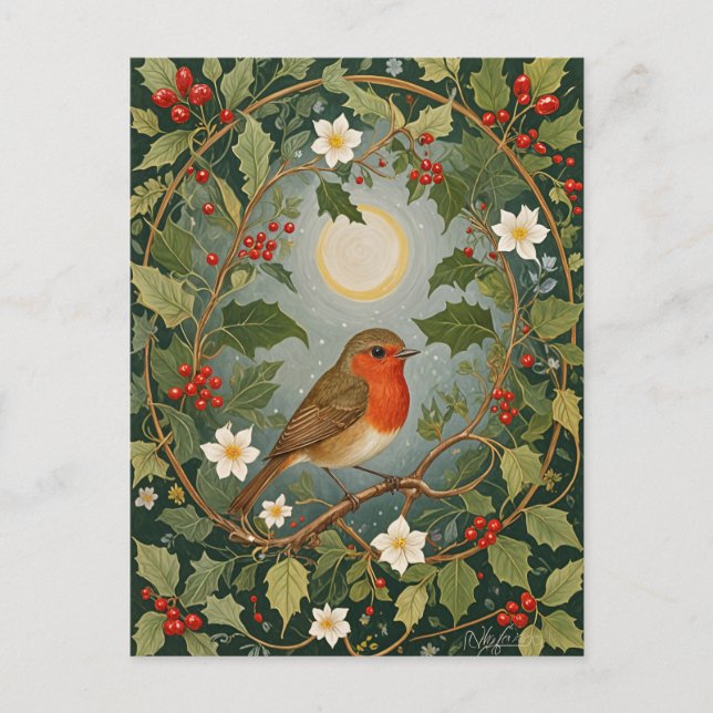Postal Robin y Holly festivos (Anverso)