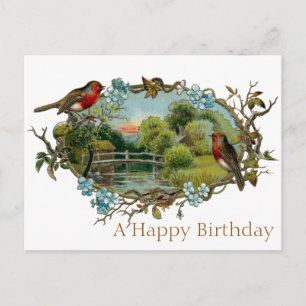 Postal Robins de cumpleaños vintage y nomeolvides