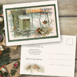 Postal Robins de época en nieve con saludos navideños<br><div class="desc">Bonitos reunidas en un rústico bosque vintage cubierto de nieve al atardecer en una antigua cerca de pajarita con una casa de pajar de madera en un árbol cercano. Incluye texto de felicitaciones navideñas en tipos de letra antiguos. En la parte posterior se muestran campos gráficos robin complementarios y texto...</div>