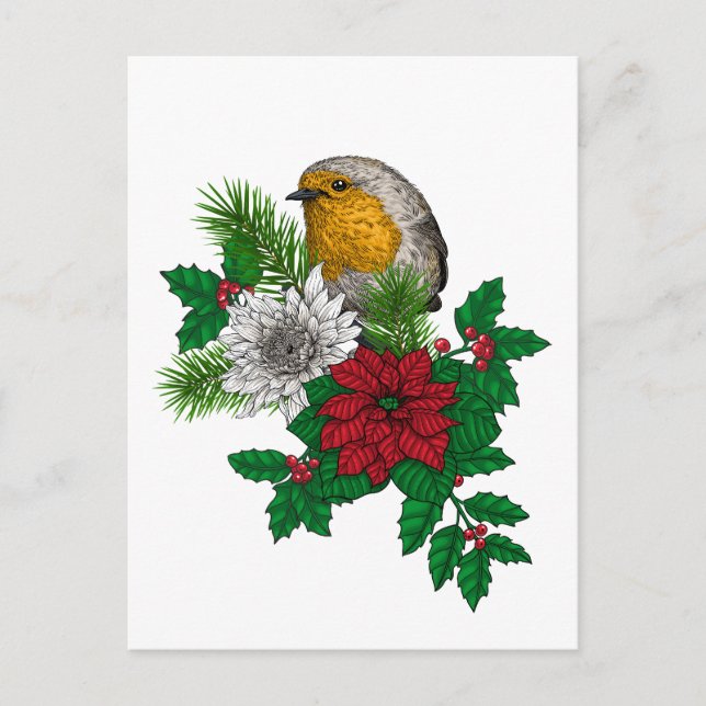 Postal Robo rojo en la decoración navideña (Anverso)