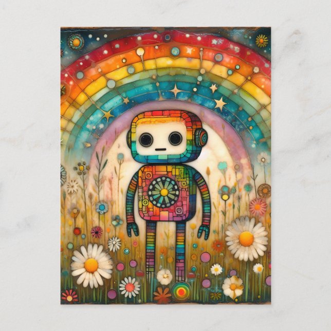 Postal Robot adorable arcoiris (Anverso)